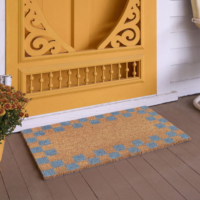Checkerboard Border Blue Geometric Doormat