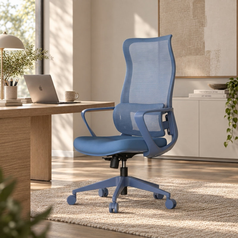 Chaise de bureau ergonomique en filet avec support lombaire réglable et dossier haut Anthony, Bleu