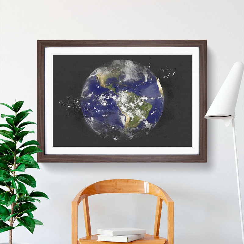 Satellite Image Of Earth - Picture Frame Graphic Art, 62cm H x 87cm W x 2cm D, Walnut Framed
