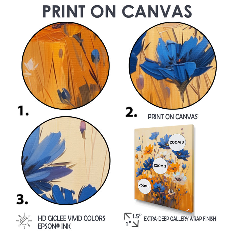 «Yellow Blue Radiant Bloom Cornflowers In Farm IV», impression d'art mural, Toile avec cadre flottant brun