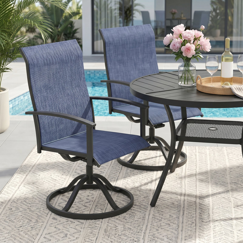 4-Person Round Patio Dining Set With Swivel PVC-Coated Polyester Chairs, Black/Blue