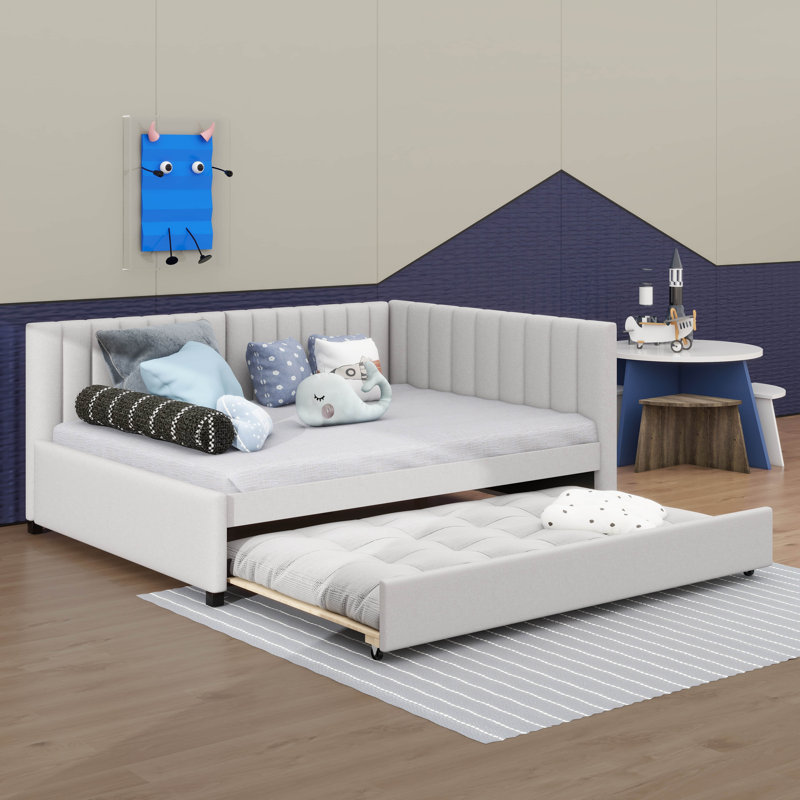 Lit de jour rembourré de grande taille avec lit gigogne encastré, Beige