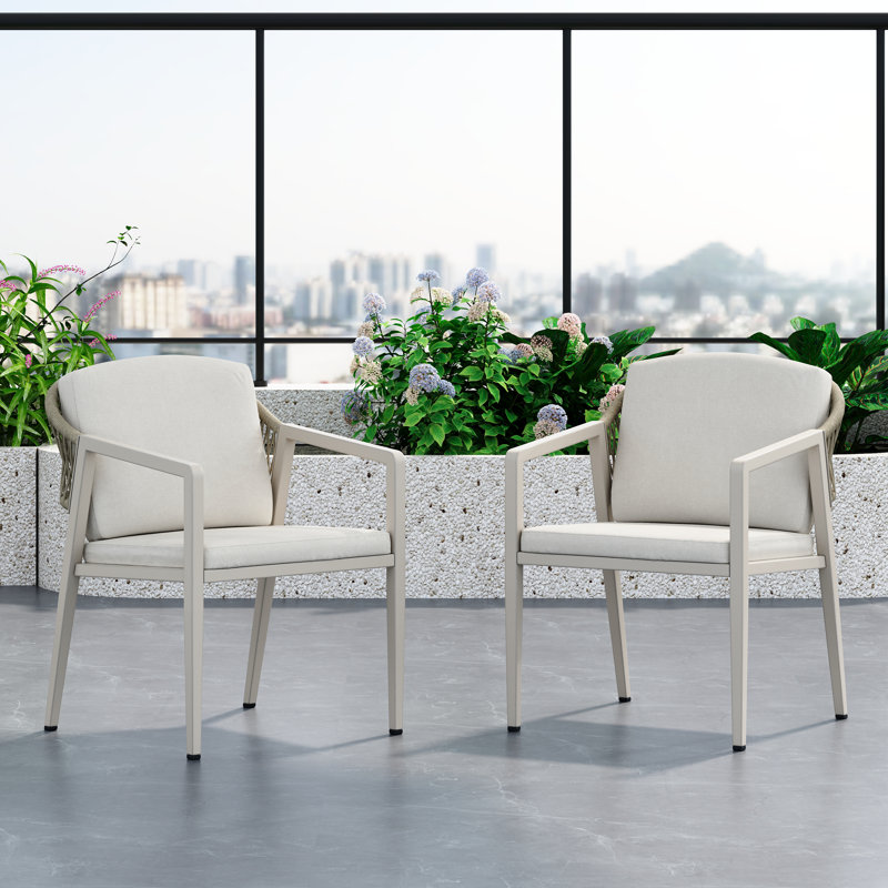  Chaises de salle à manger d'extérieur en rotin d'osier avec coussins imperméables, ensemble de 2 fauteuils de patio, gris et beige