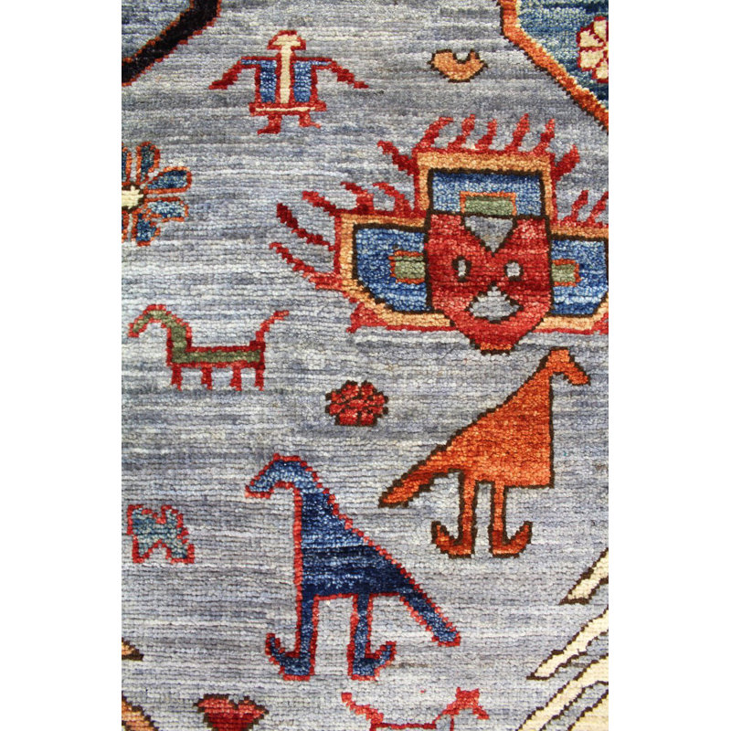 Tapis gris en laine noué à la main de conception unique 9 pi 7 po x 13 pi 10 po New Age