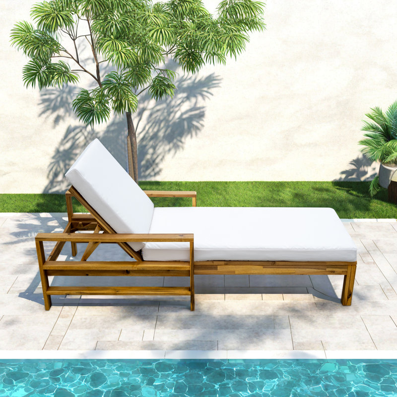 Modern Coastal Acacia Wood Patio Chaise Lounge Chair, Adjustable Outdoor Recliner Daybed With Movable Cushions, Beige