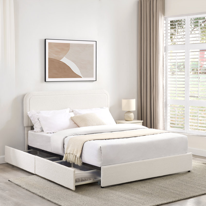 Queen Size Upholstered Storage Platform Bed with 2 Drawers, Curved Tufted Boucle Headboard, Wooden Slat Support, Ivory