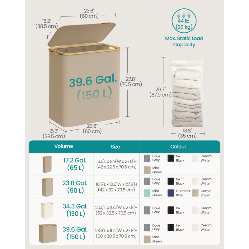 Laundry Basket with Lid Laundry Hamper with Bamboo Handles, Brown, Fabric;Bamboo;Cardboard / Paper