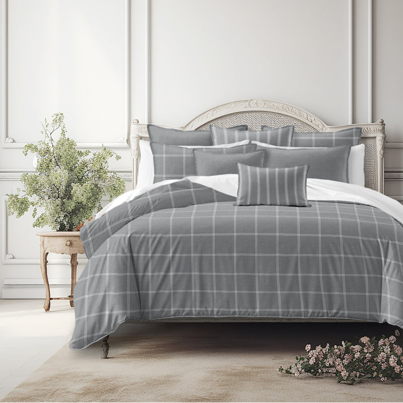 Shay Window Pane Gray Cotton Duvet Cover Set  8 Piece, California King Duvet Cover + 7 Additional Pieces
