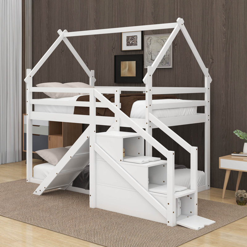 Armadeo Twin over Twin House Loft or Bunk Bed with Slide and Staircase, White