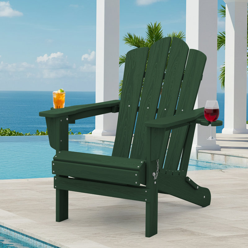 Wolak HDPE Folding Adirondack Chair With Dual Cup Holder, Dark Green