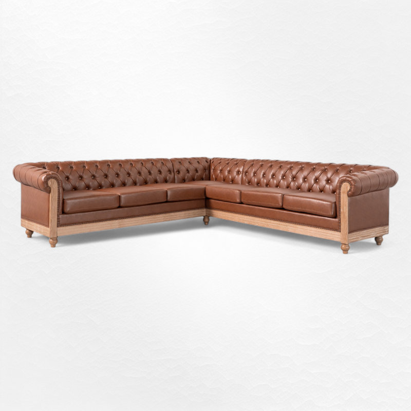 L-Shape 104.02" Wide Symmetrical Upholstered Sectional With Chesterfield Design & Solid Wood Legs, Light Brown