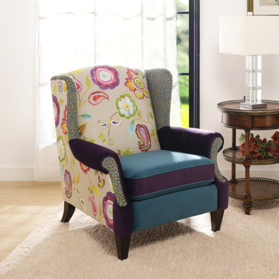 Fauteuil à oreilles à oreilles, velours floral et léopard, bleu sarcelle et jaune-or