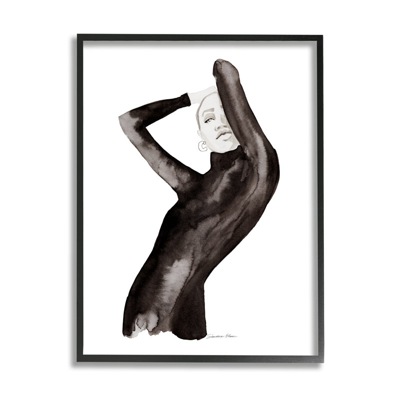 Illustration de mode fille sur bois par Simone Elum, Giclée encadrée noir minuit, H 30 po x l 24 po x P 1,5 po