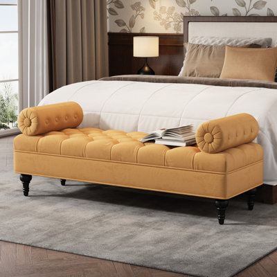 Repose-pieds jaune moderne, banc rembourré en velours avec 2 coussins amovibles, bout de lit, style élégant, fabrication pour le lit, chambre à coucher confortable, salon et entrée, éponge haute densité