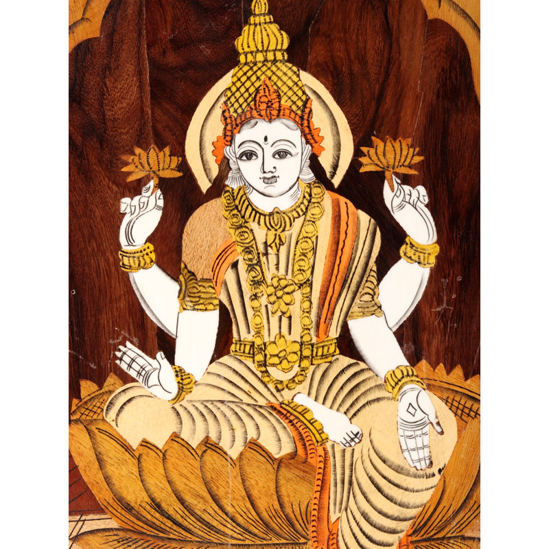 Handcrafted Goddess Lakshmi Wood Inlay Wall Art | 18-Inch Hindu Deity Panel for Prosperity