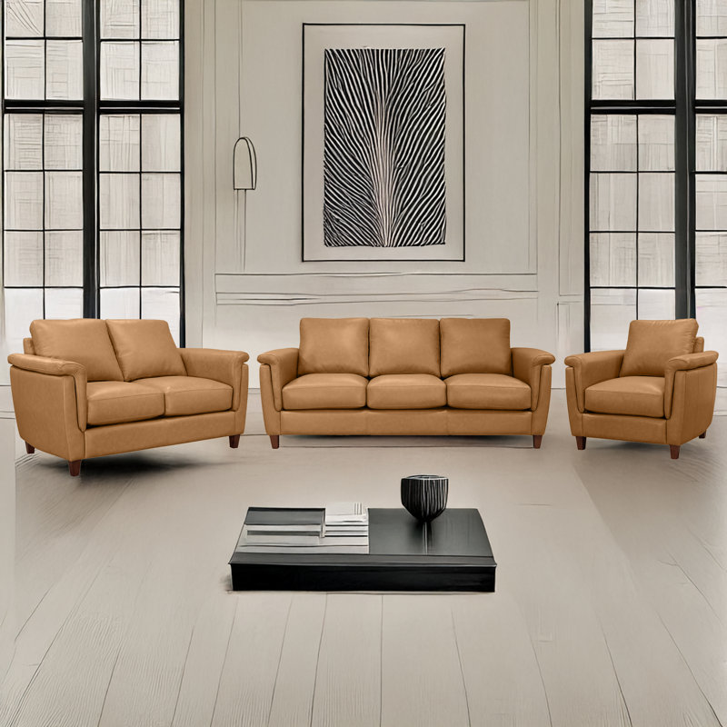 Ensemble de salon en cuir véritable Rambrij, Sofa, Loveseat and Chair, Caramel