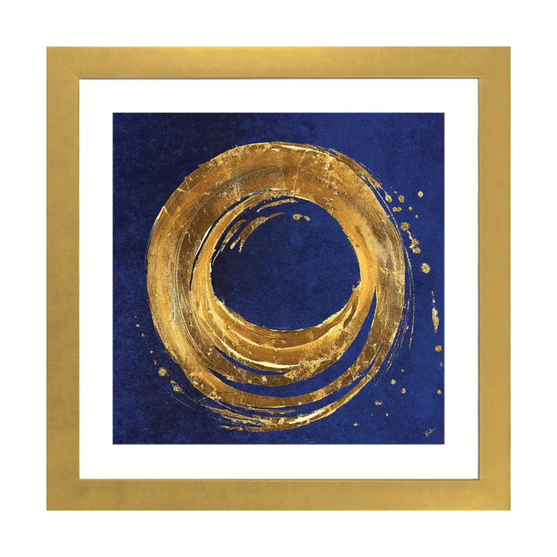 «Gold Circle on Blue» par Patricia Pinto - reproduction d'art, H 16 po x l 16 po x p 1 po, Papier encadré doré, Blanc