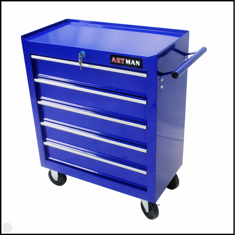 Coffre à outils à 5 tiroirs, armoire de rangement pour outils pour le garage avec 4 roues et système de verrouillage, Bleu