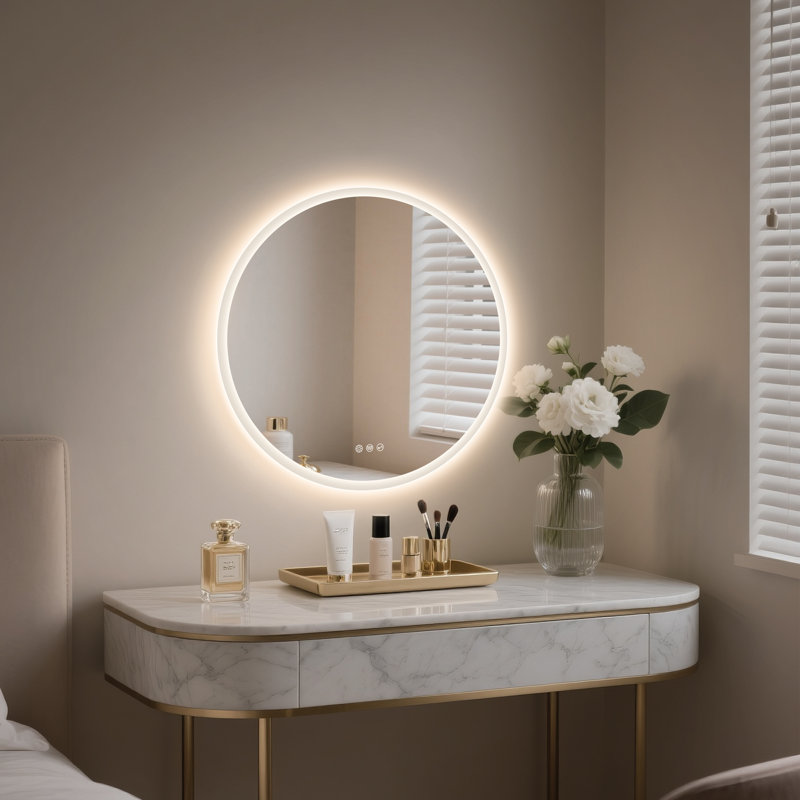 Miroir de salle de bain rond à DEL avec haut-parleur Bluetooth, miroir trempé, intensité variable, antibuée, commande tactile