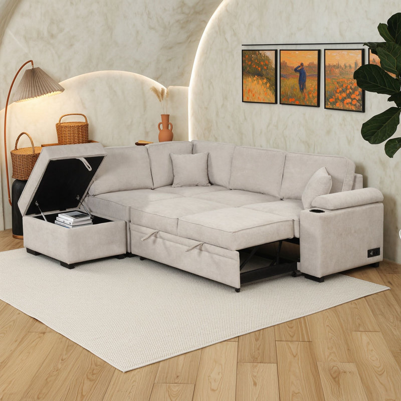 Canapé-lit gigogne 4 places en forme de L avec pouf de rangement, siège en mousse et ressorts ensachés pour salon, Beige