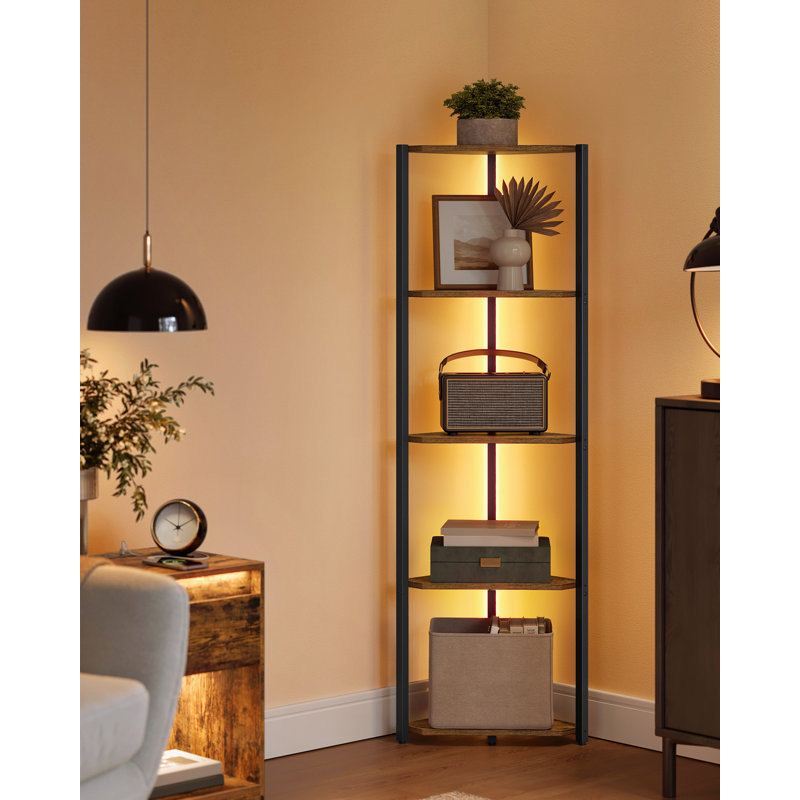 5-Tier Corner Bookcase with LED Lights, Rustic Brown