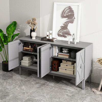 Armoire de rangement vintage à 4 portes avec portes géométriques sculptées à la main