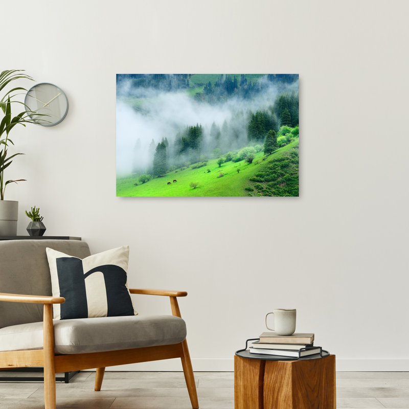 Misty Green Mountain Forest Dramatic Ethereal Peaceful Horse Forest Landscape Wall Art Print 1 Piece Wrapped Canvas Wall Art