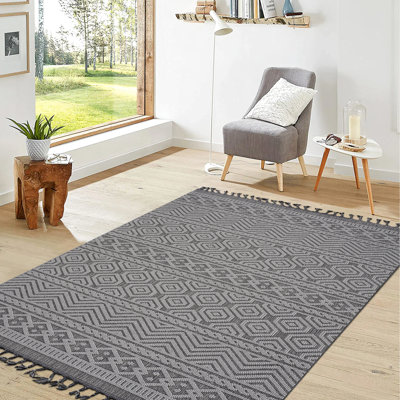 Tapis géométrique 8 x 10 gris / blanc pour la maison, décoration tendance, résistance aux taches, non-perte de poils, options diverses, facile à nettoyer et poils moyens de 0,29 pouce, envers en coton, chambre en latex