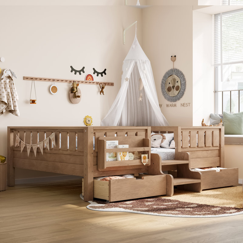 Full Floor Bed Frame With Built-In Bookshelves And Storage Drawers,Full Size Wood Montessori Bed With Staircase Design And Rails, For Kids, Boys, Girls,Easy Assemble( Full, Naturl, Drawers )
