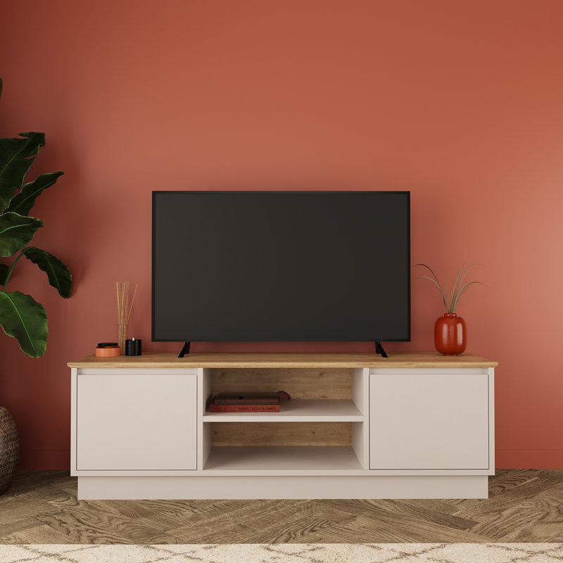Mono TV Unit for TVs up to 60 Inch, 140 cm Small Modern TV Stand Cabinet with Storage Cupboards & Shelves, Wooden Media Console for Living Room, Minimalist TV Table Furniture (Warm Oak & Light Grey)