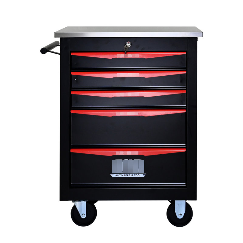 4 roues universelles 5 chariots à outils en métal - Rangement pour garage atelier noir et rouge 5 tiroirs avec cadre en acier thermolaqué