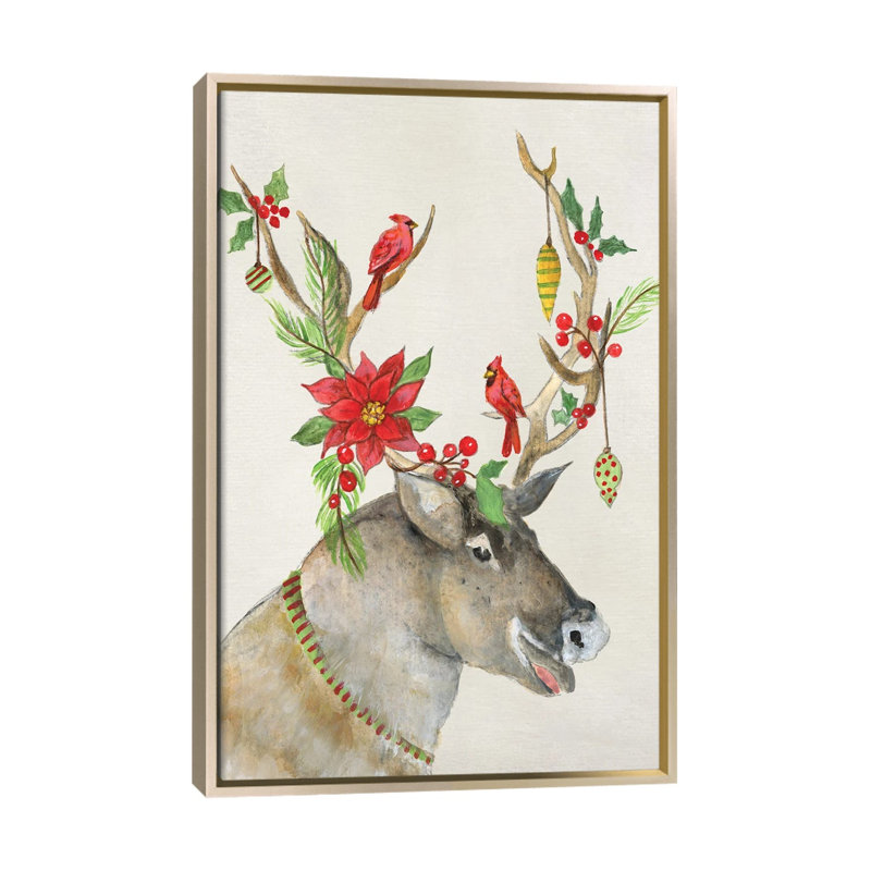 Playful Reindeer I - reproduction d'art murale - toile encadrée, H 48 po x l 32 po, Reproduction encadrée sans passe-partout