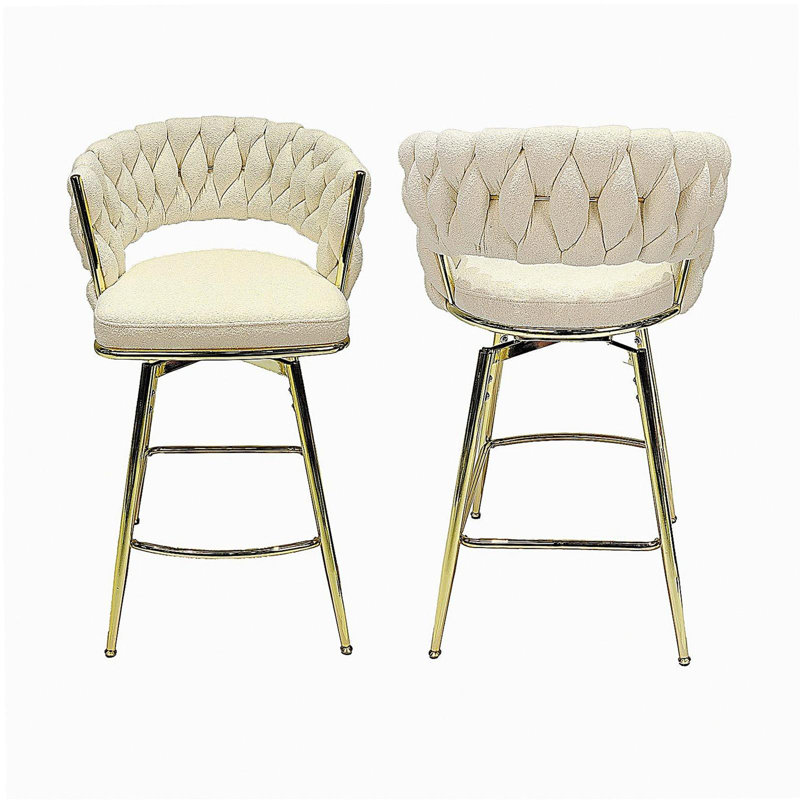 Ensemble de 2 tabourets de bar tissés avec tabourets de bar, tabourets à pieds dorés sans îlot de cuisine réglable, 360 tabourets de bar pivotants avec repose-pieds à dossier (blanc)