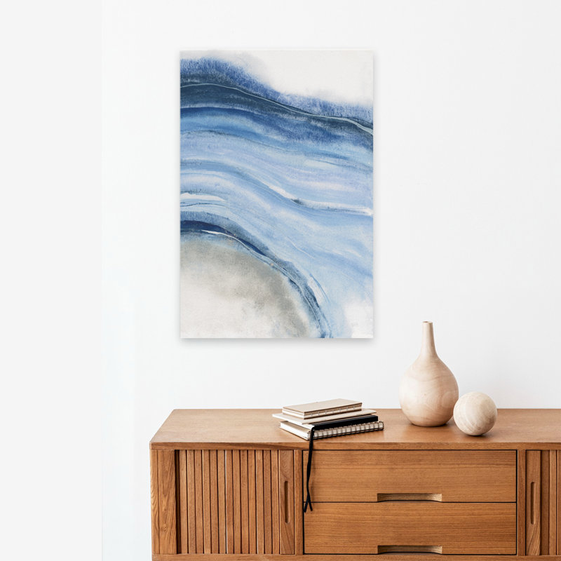 Aquarelle géode IV - art abstrait gris à géométrie bleue, H 24 po x l 16 po