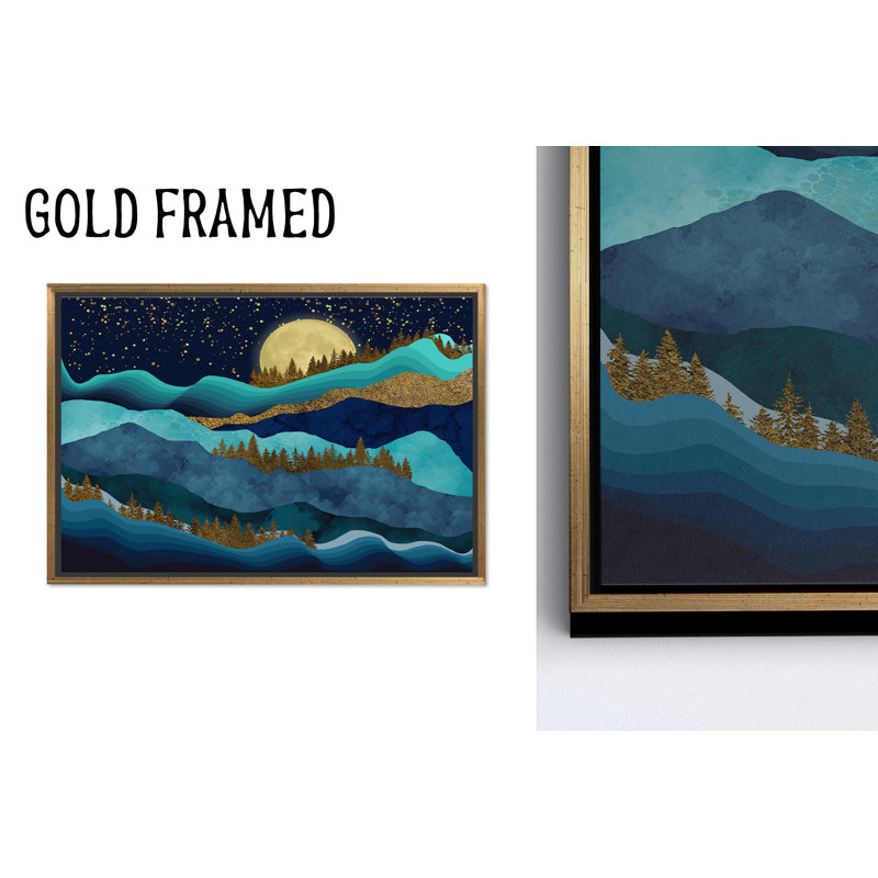 Pleine lune, paysage de montagne: œuvre d'art imprimée sur toile pour un décor moderne, 1P or encadré, 35,5 po H x 47,3 po l