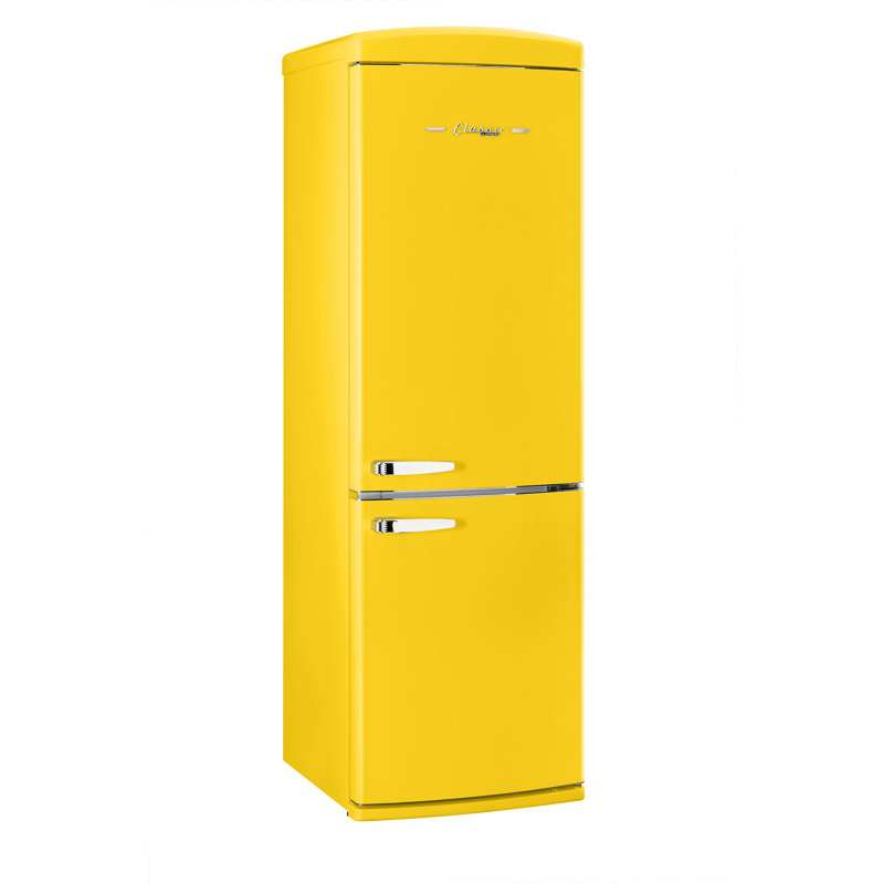 Canary Yellow Retro Bottom Freezer Refrigerator with Chrome Handles