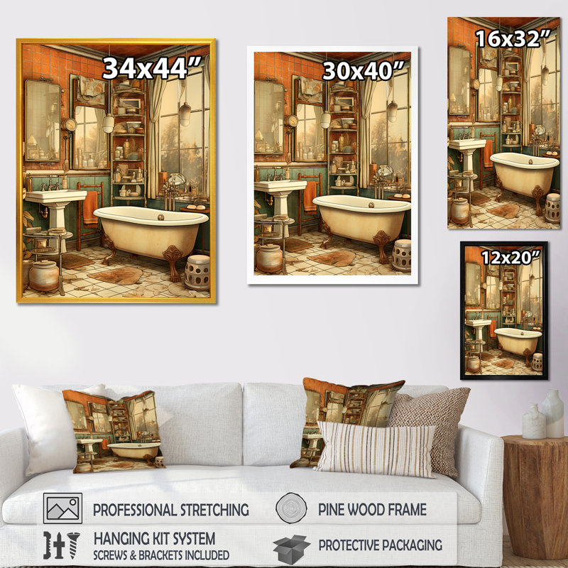 Rétro charme de salle de bain I - Art mural de salle de bain, H 44 po x l 34 po x P 1,5 po
