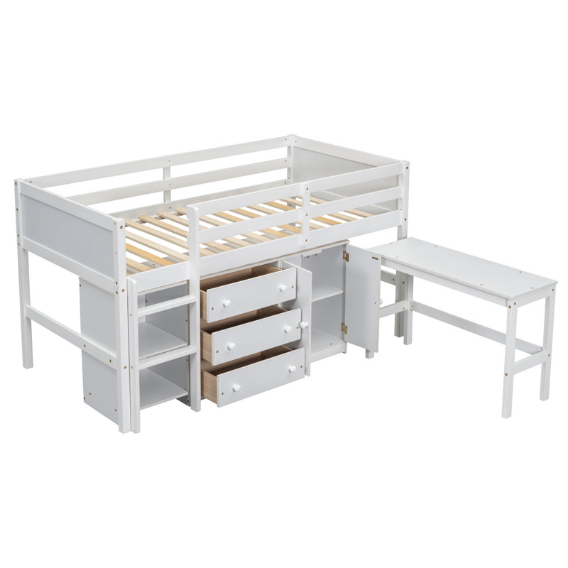 Lit mezzanine avec bureau coulissant, tiroirs et tablettes pour la maison, Blanc