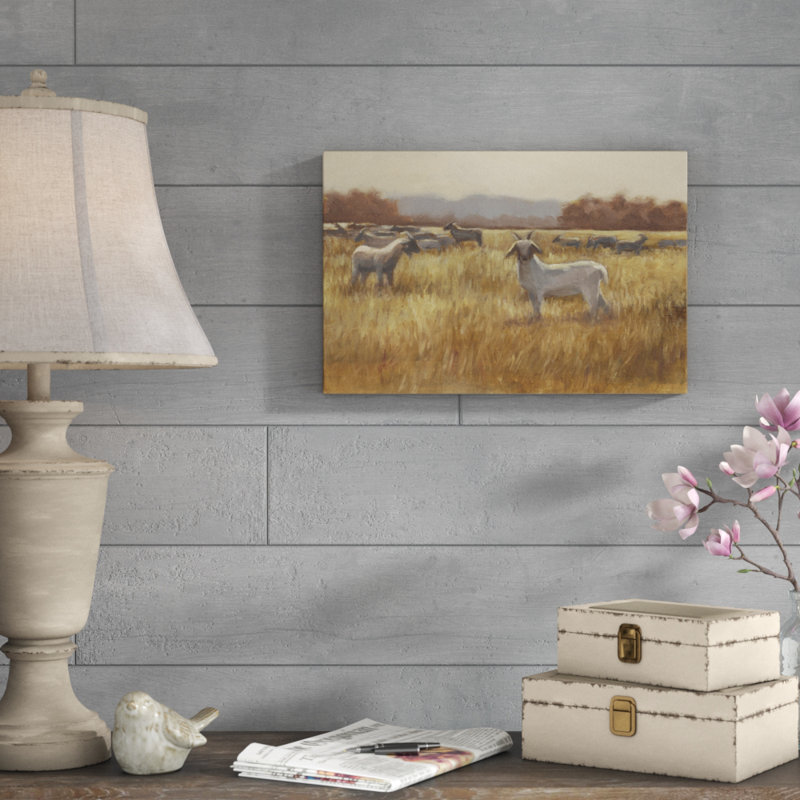 «Grazing Goats I», peinture sur toile, H 12 po x l 18 po