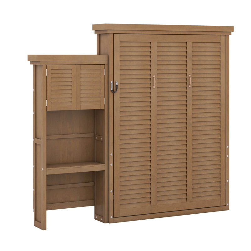 Grand lit escamotable avec plusieurs tablettes de rangement et décoration à persiennes, Couleur du bois