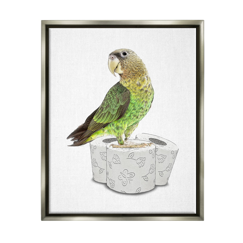 «Perroquet perché, papier hygiénique, rouleaux» par Annalisa Latella, impression, H 21 po x l 17 po x P 1,7 po