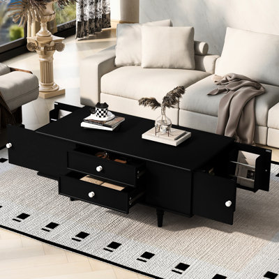 Modern 47.2" Coffee Table With Four Drawers And Side Storage, Suitable For Daily Home Use Rectangle Two Hidden Compartments, Solid Wood Legs Steady Support