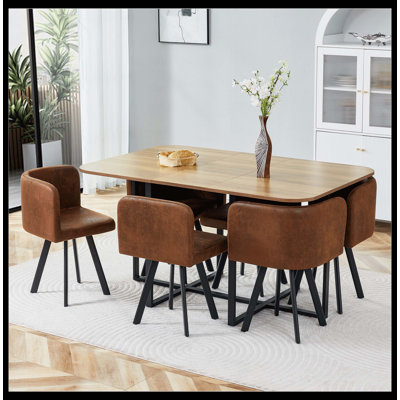 7-Piece Space-Saving Dining Set – Melamine Board Table + PU Cushioned Chairs, Black Powder-Coated Iron Frame Suitable For Kitchen & Dining Room