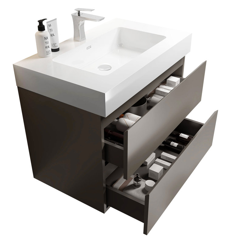 Meuble-lavabo élégant avec conception murale et lavabo intégré offrant style et fonctionnalité., Blanc, Gris