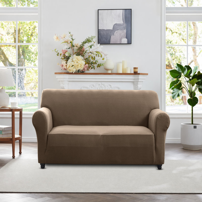 Premium Quality Spandex Sofa Cover Elastic Slipcover Soft Washable Couch Protector 2 Seater, Coffee/Sand