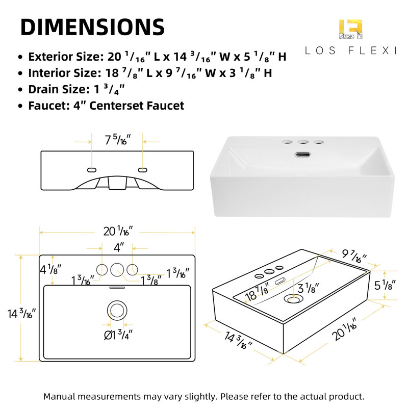 Los Flexi Floating Wall Mount Sink with 3-Hole, White Ceramic with Overflow, 5.12" H x 20.08" L X 14.17" W, 4" Centers