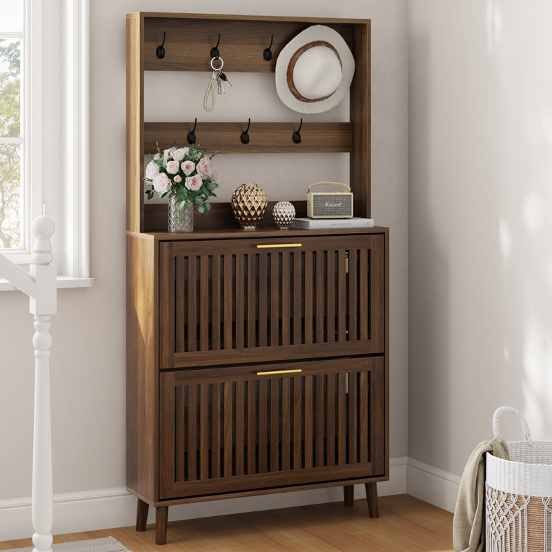 Shoe Storage with Hanging Storage for Clothes and Bags,Entryway Freestanding Slim Shoe Cabinet, Style B
