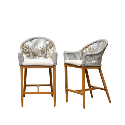 Lot de 2 tabourets de bar d'extérieur, hauteur du comptoir, en corde avec coussin élégant, structure en aluminium, accoudoirs, pour jardin, piscine, terrasse, cuisine, kaki. 2 chaises - Accoudoirs, corde, transformez votre jardin en un espace convivial et élégant.