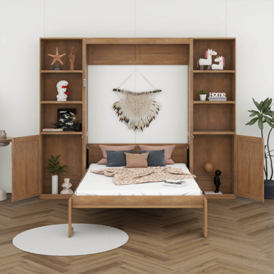 Grand lit escamotable avec tablettes ouvertes et armoires de rangement, lit escamotable pliable en bois, armoire murale polyvalente