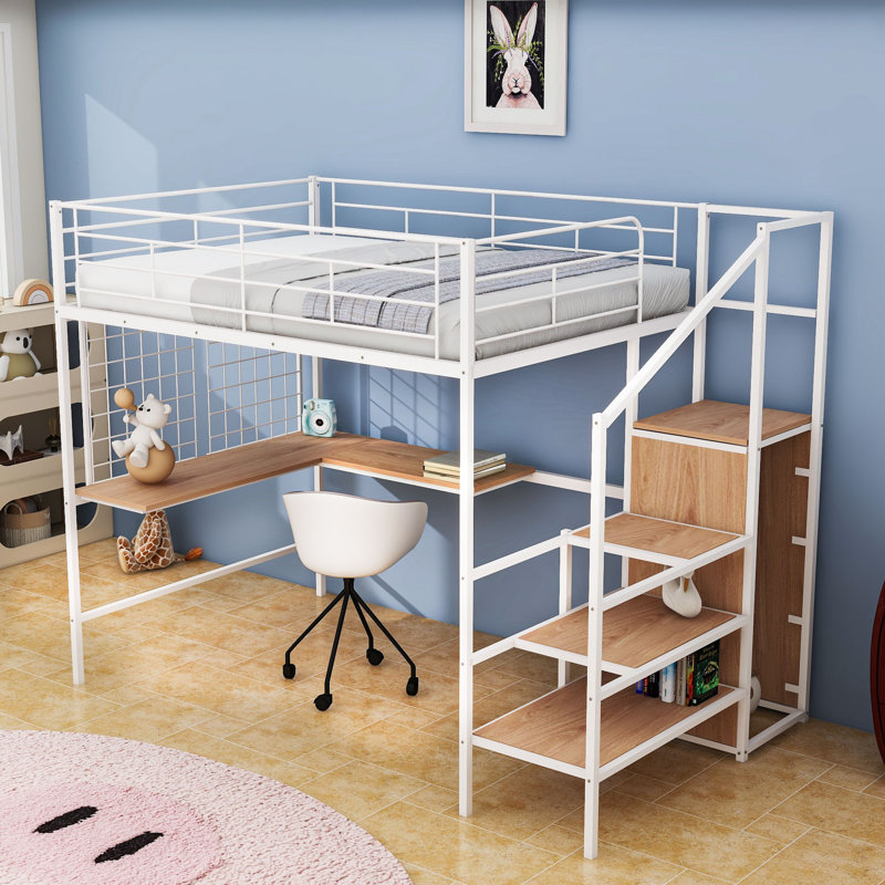Metal Loft Bed With Built-In L-Shape Desk, Wardrobe And Decorative Metal Grid, Full, White